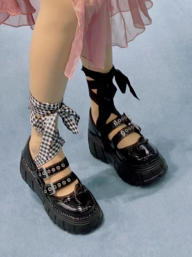 アシメリボン付きダブルストラッププラットフォームシューズ - Belchic