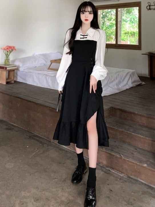 Chinese shirt side lace-up different material asymmetric frill dress