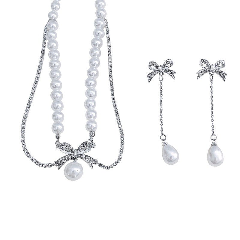 ジュエルリボンパールピアス+ジュエルリボンパールネックレス - LilyBlack