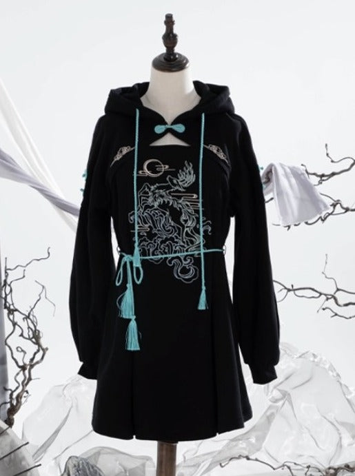 月夜の鹿刺繍チャイナフーディーワンピース - Belchic