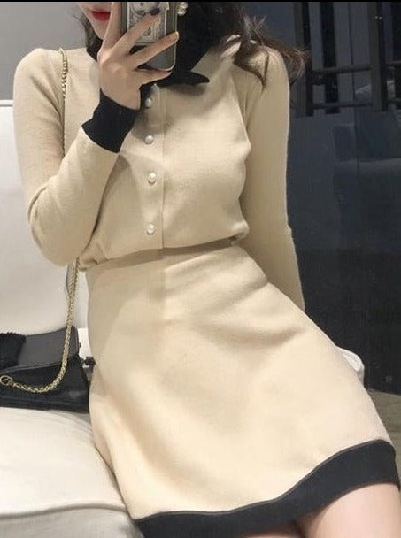 バイカラーボウタイニットトップス+スカート - LilyBlack