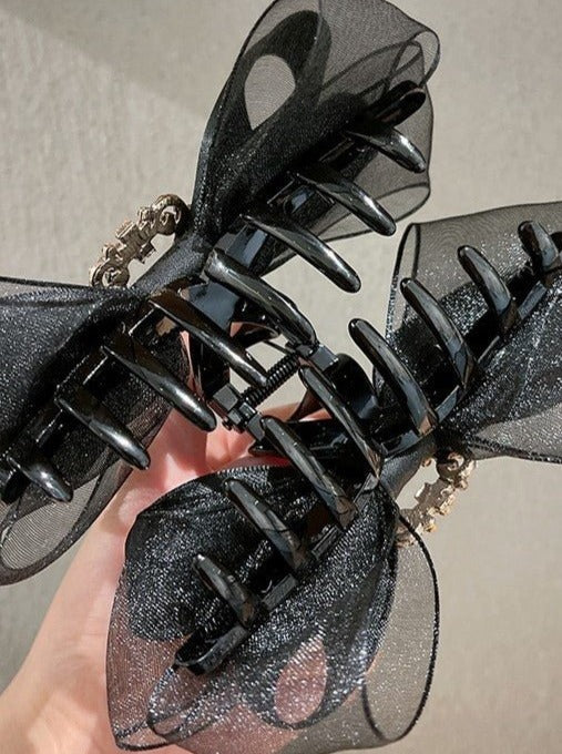 シャイニジュエルリボンヘアクリップバレッタ - LilyBlack