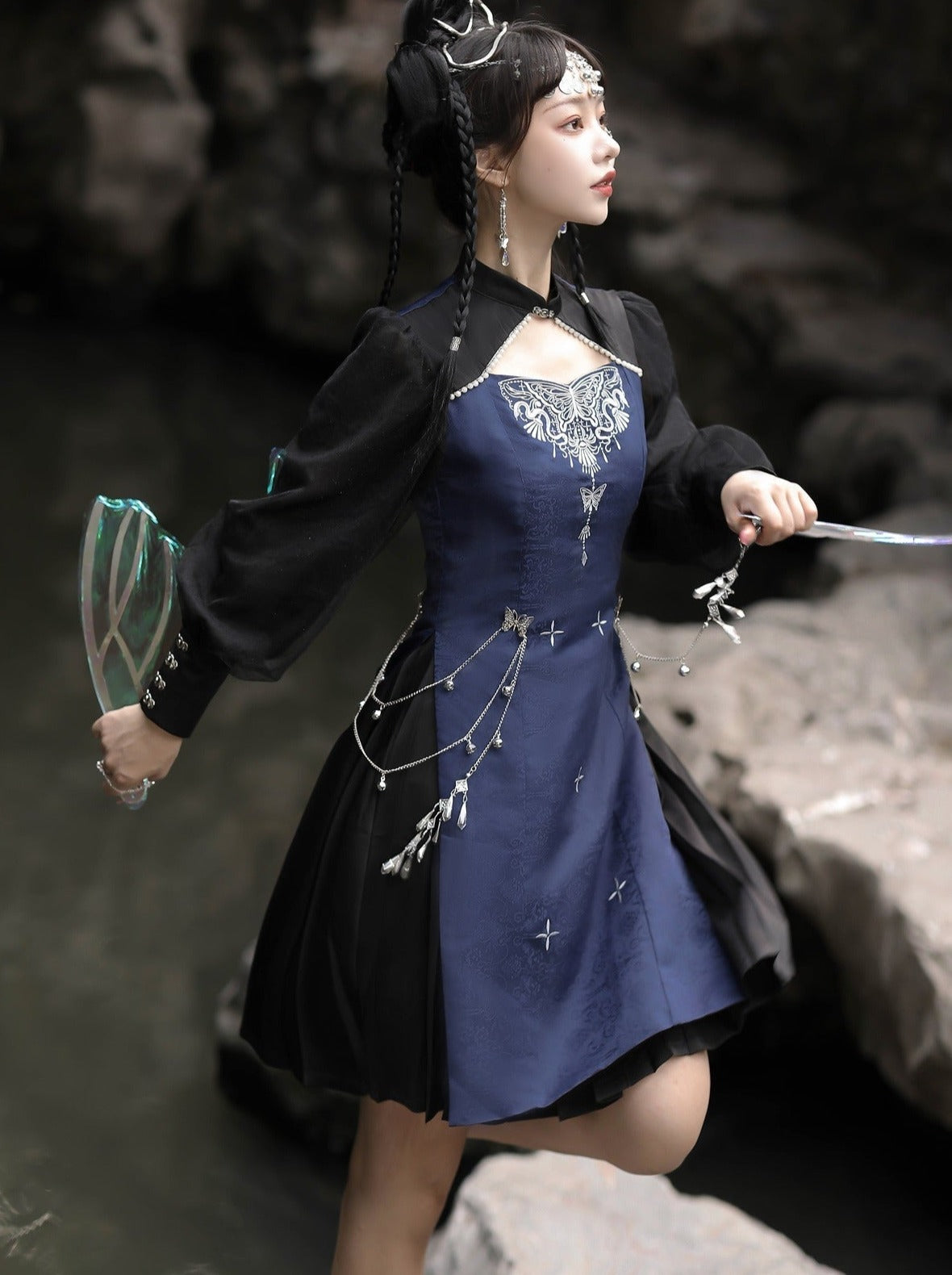 バタフライチェーンアクセサリー付きチャイナテイストレイヤードドレス - Belchic