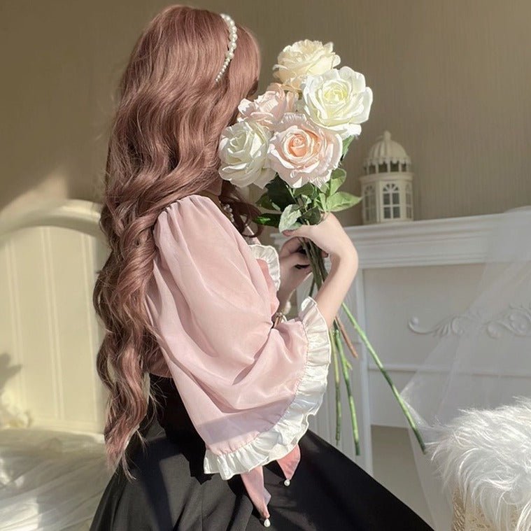 パールモチーフカラー付きベルスリーブフリルリボンガーリーワンピース - LilyBlack