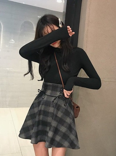 レースアップチェックハイウエストスカート - Belchic
