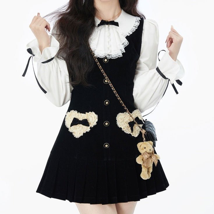 パールリボンキャンディスリーブシャツ+ハートリボンプリーツワンピース - LilyBlack