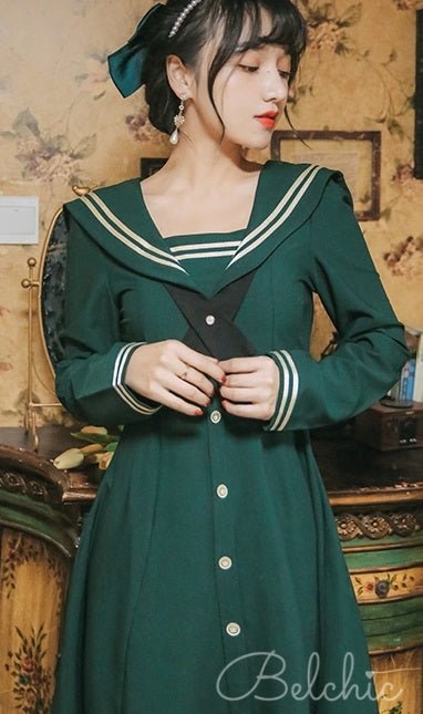 クロスリボンタックセーラーワンピース - Belchic