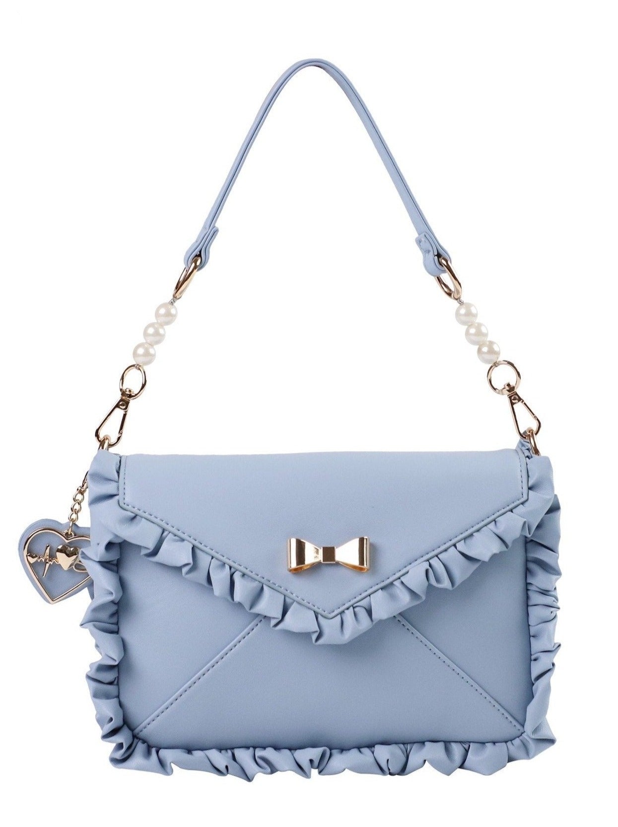 ハートストラップ付きリボンフリルバッグ - LilyBlack