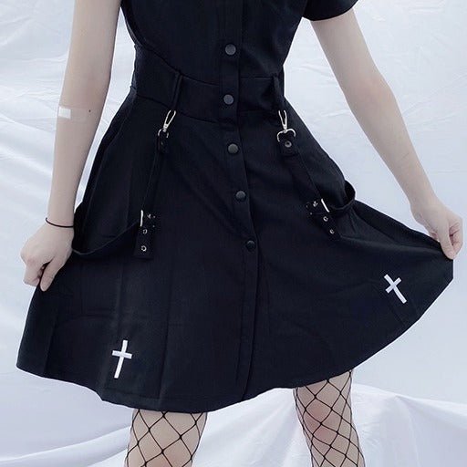 クロス刺繍ショルダーストラップシャツワンピース - Belchic