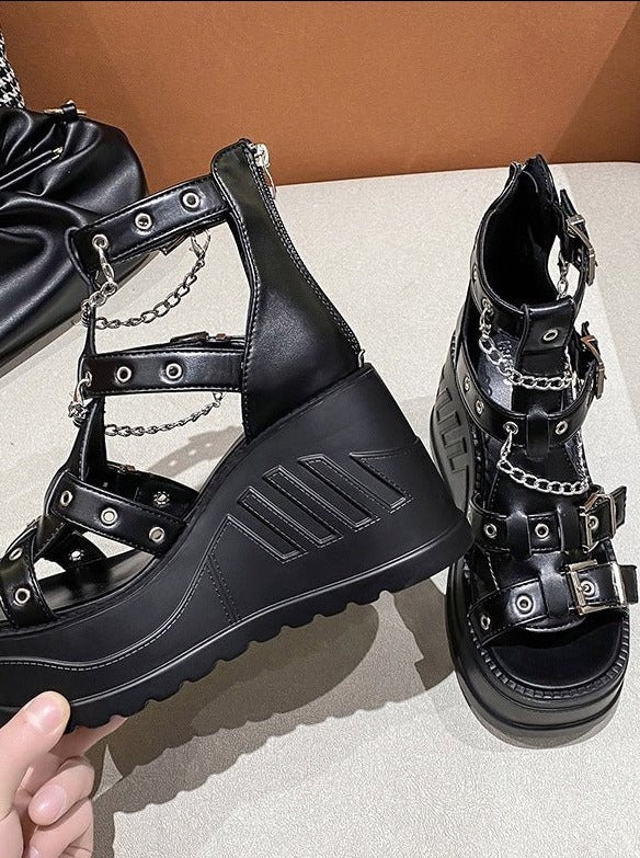 チェーンストラップグラディエテイストヴェッジパワーソールブーツ - Belchic