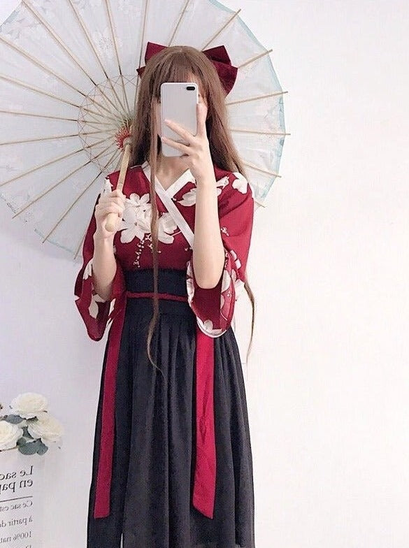 フラワーチャイナトップス+腰帯付きスカート - Belchic