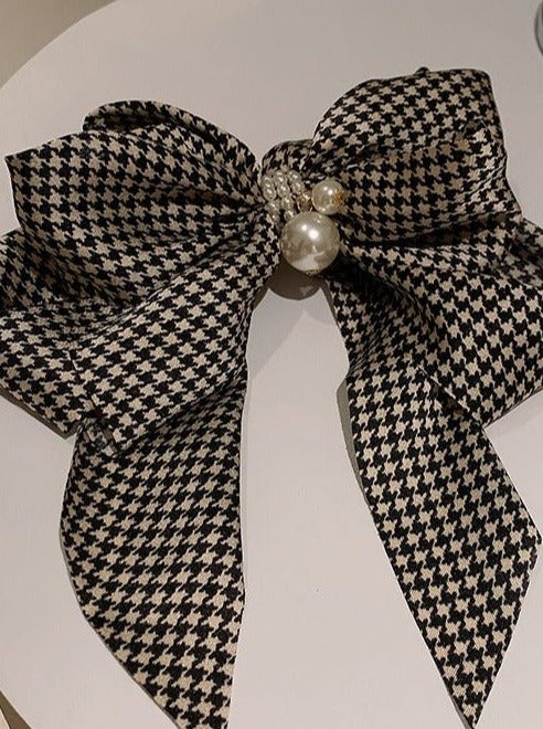 千鳥格子チェックリボンパールデコヘアクリップ - LilyBlack