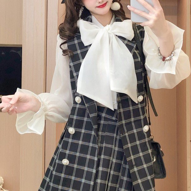 シアーリボンブラウス+チェックダブルベスト+プリーツスカート - LilyBlack
