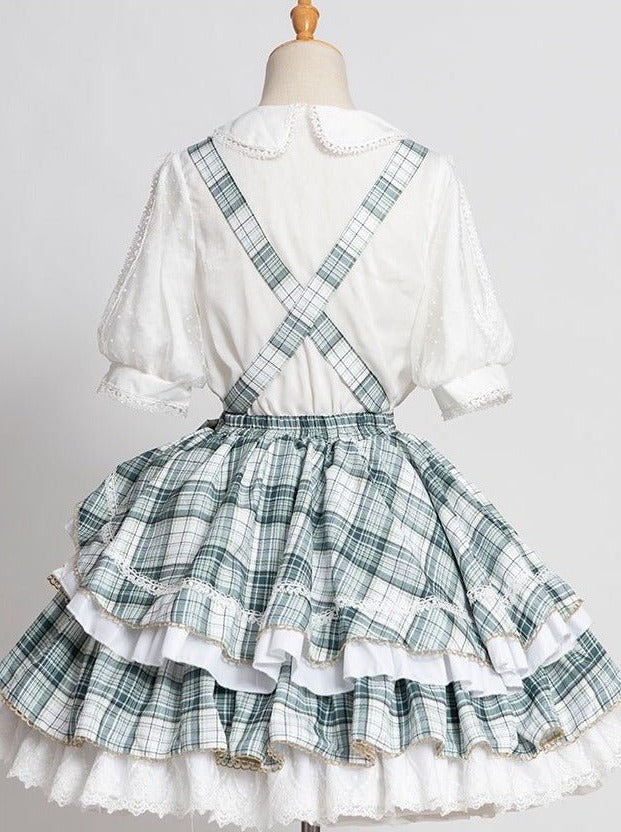 スターパールストラップ付きパフスリーブブラウス+ハンドスリーブ付きチェックリボンステージサスドレス - Belchic
