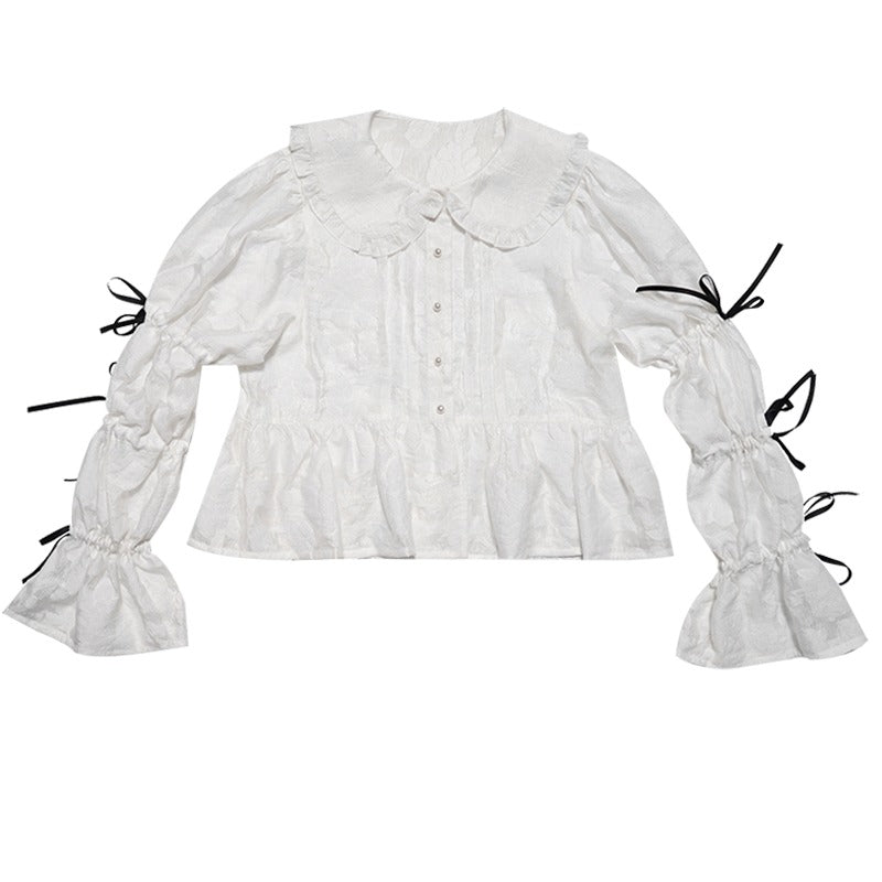 フリルカラーリボンキャンディスリーブシアーフラワーブラウス - LilyBlack