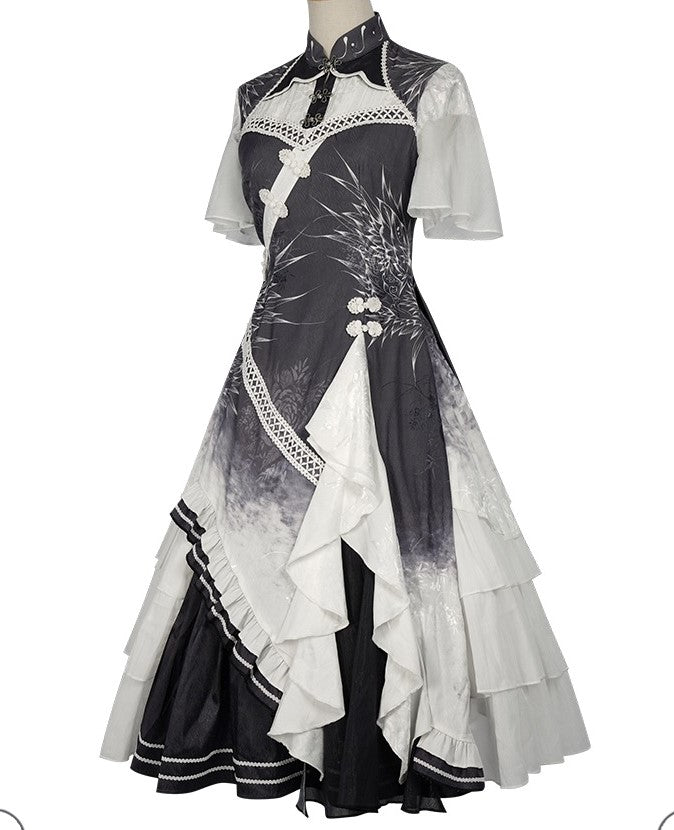 シアーベルスリーブアシメデザインフリルチャイナドレス+ティアードフリルスカート【ドレス・セットアップ】 - Belchic