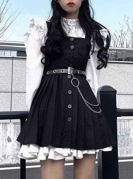 フリルシャツ+ベルト付きジャンパースカート+インナースカート - Belchic