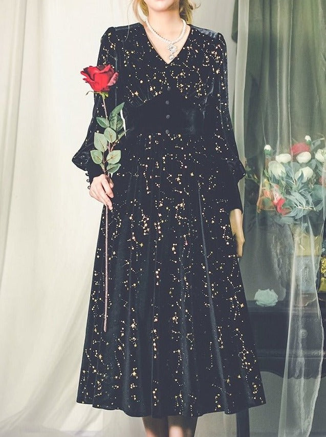 スターシャイニーウエストマークベルベットドレス - Belchic