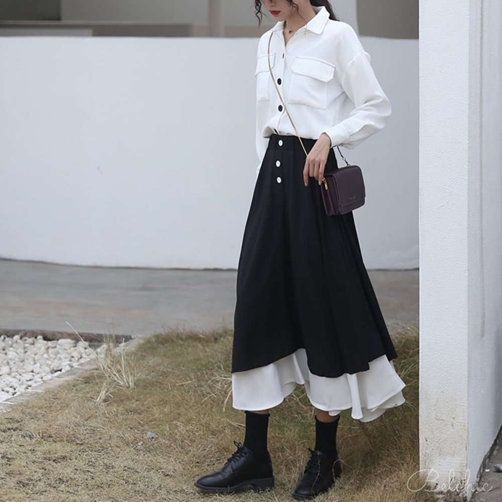 フロントボタンティアードスカート - Belchic