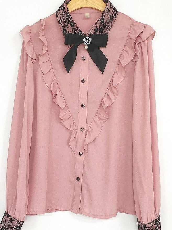 リボン付きフリルショルダークラシックブラウス - Belchic