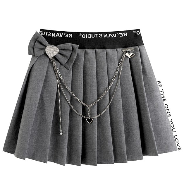 ジュエルハートチェーンストラップ付きプリーツスカート - LilyBlack