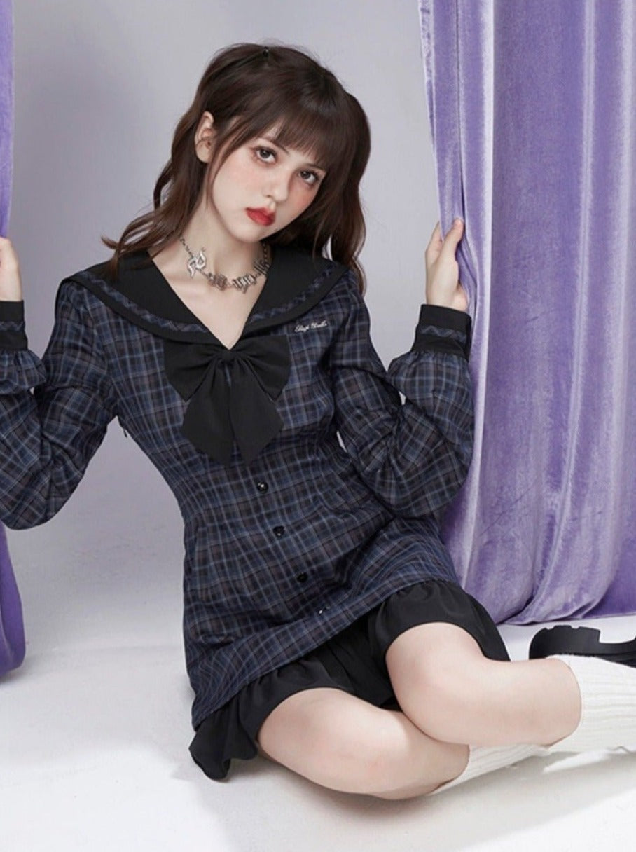 リボンセーラーチェックレイヤードワンピース - LilyBlack