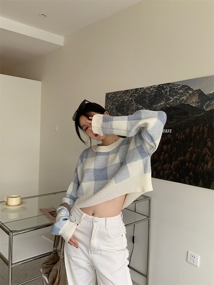 チェッククロップドニットセーター - LilyBlack