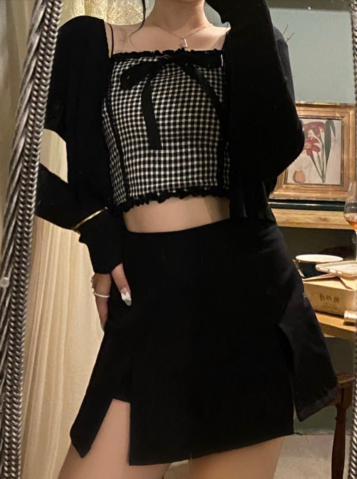 チェックリボンビスチェ+ショールカーディガン - LilyBlack