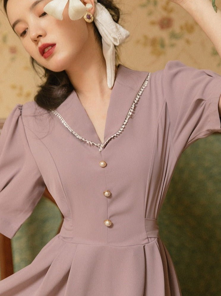 パフスリーブバックリボンフレンチクラシカルワンピース - Belchic