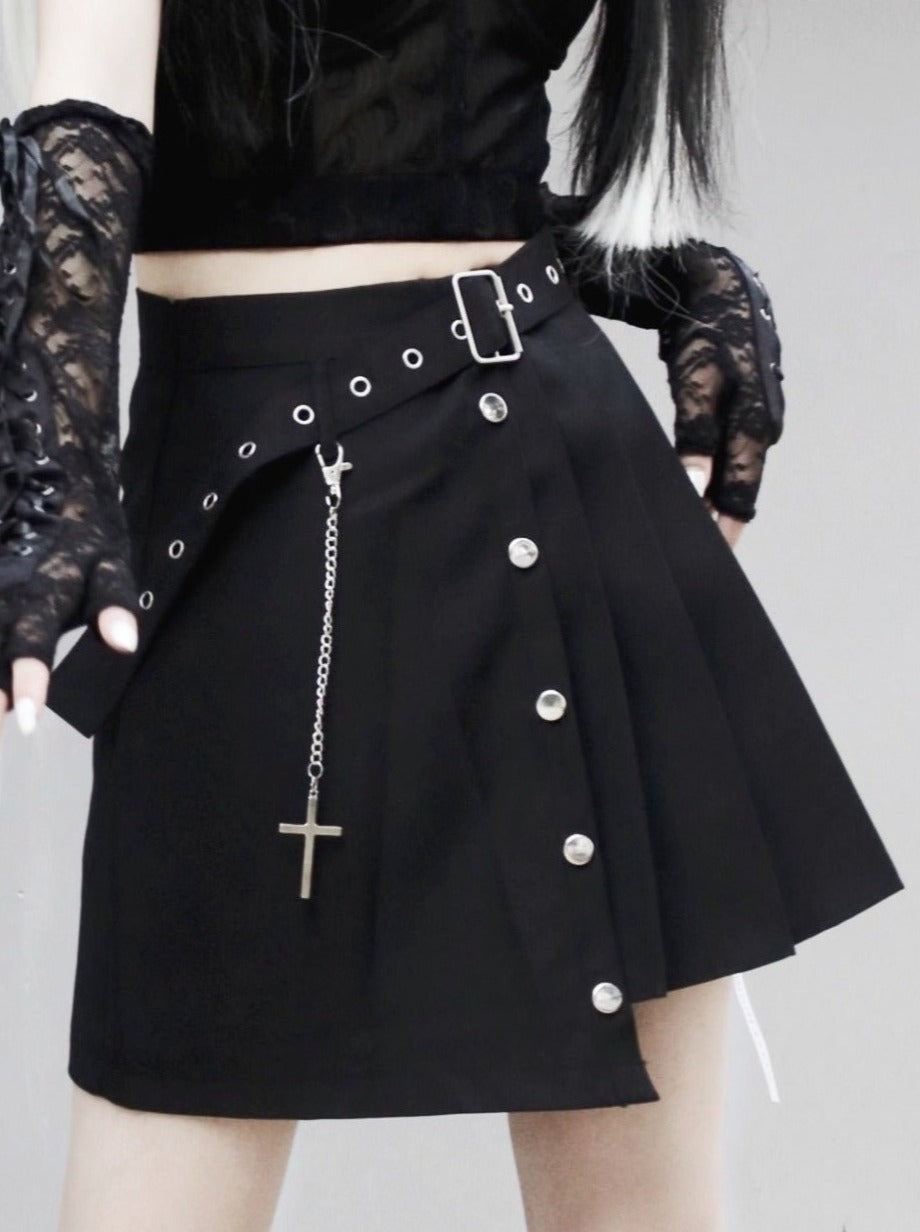 クロスストラップアシメプリーツラップスカート - Belchic