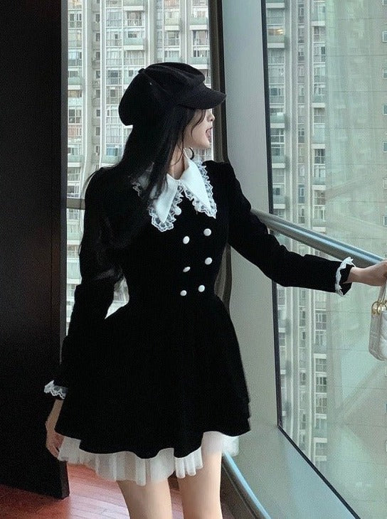 ポインテッドレースカラーパフショルダーレイヤードワンピース - LilyBlack