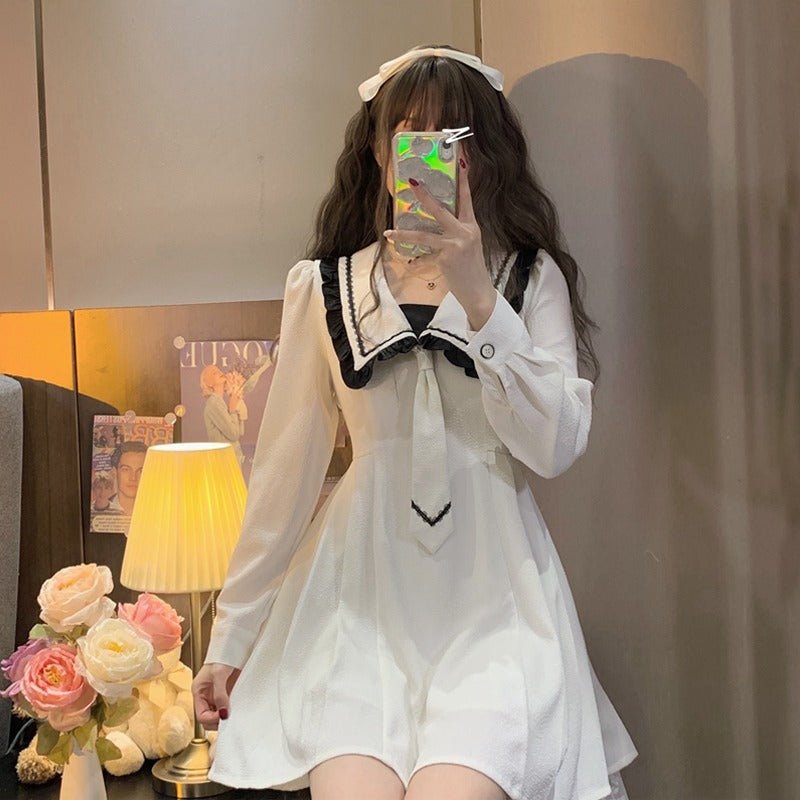 ネクタイ付きフリルボックスカラーワンピース - Belchic