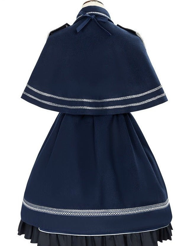 リボンスカーフ+チェーンベルトレースアップサススカート+ケープコート - Belchic