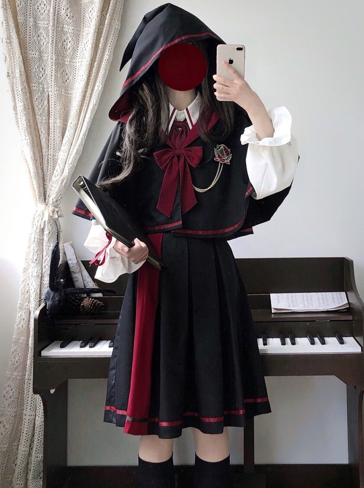 リボンケープコート+キャンディスリーブシャツ+ラインスカート フーディロングコート+キャンディスリーブシャツ+ラインスカート - Belchic