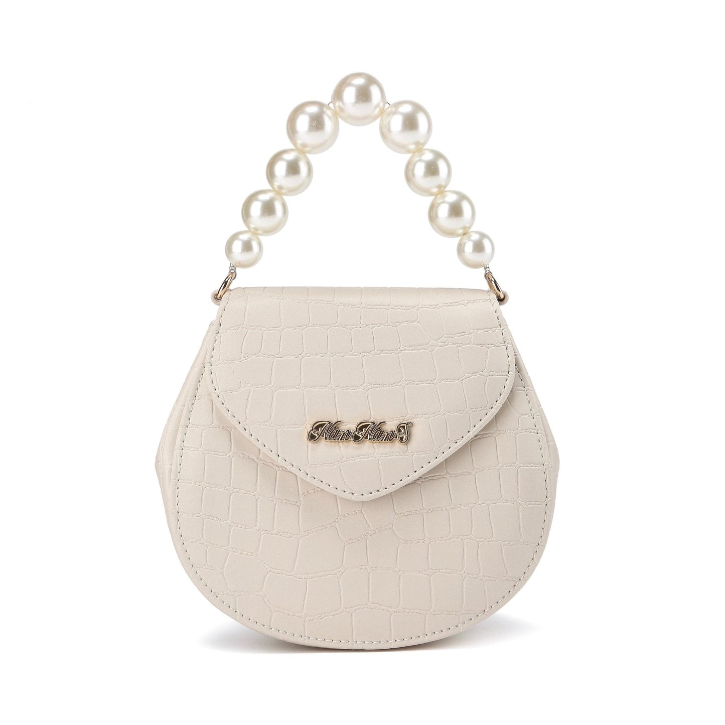 パールハンドルゴールドロゴサークルクロコバッグ - LilyBlack