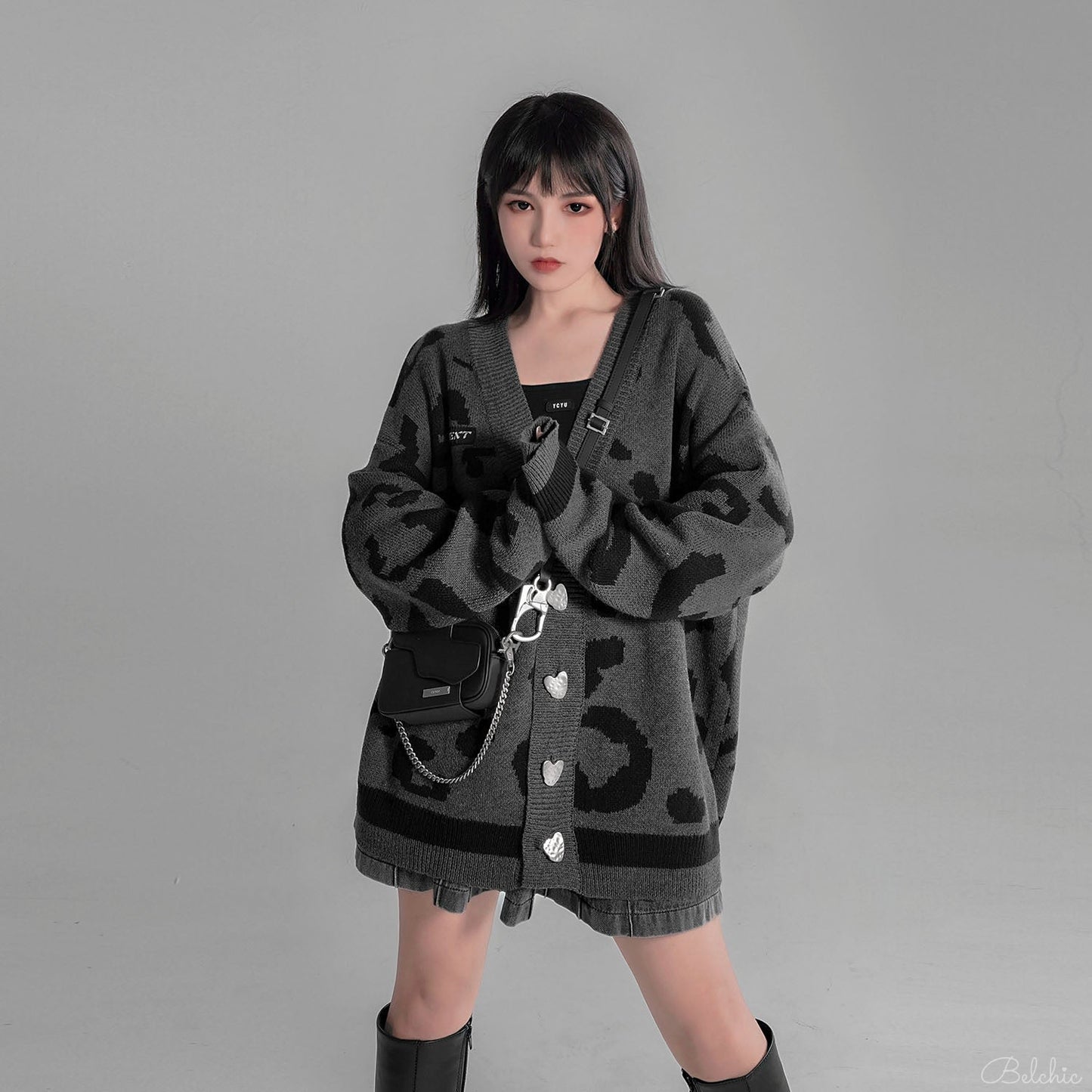 オーバーサイズレオパードニットカーディガン - Belchic