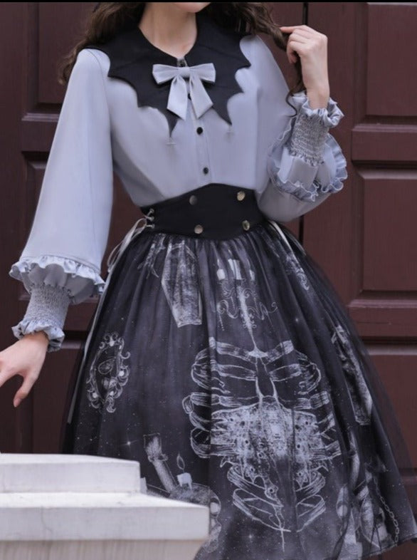 クロスモチーフコウモリカラーリボンブラウス+サイドレースアップスカート - LilyBlack