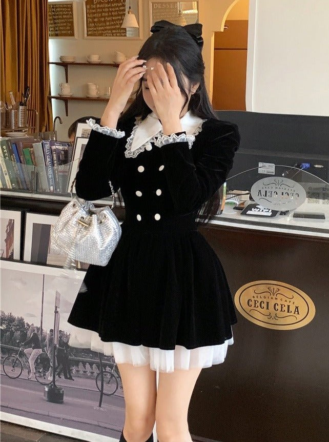 Pointed lace color puff shoulder layered dress – Belchic