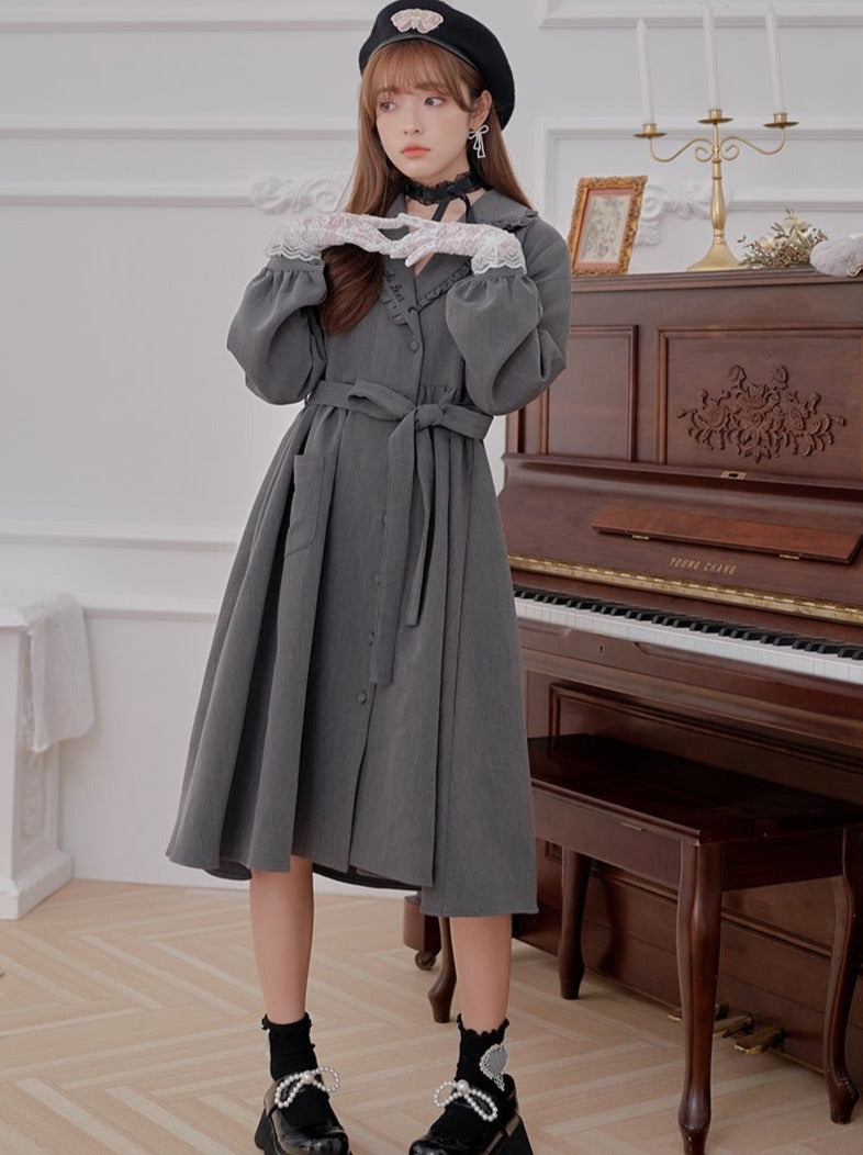 フリルカラーローズ刺繍ワンピースコート - Belchic