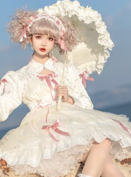 チャイナテイストボリュームスリーブティアードリボンドレス - Belchic