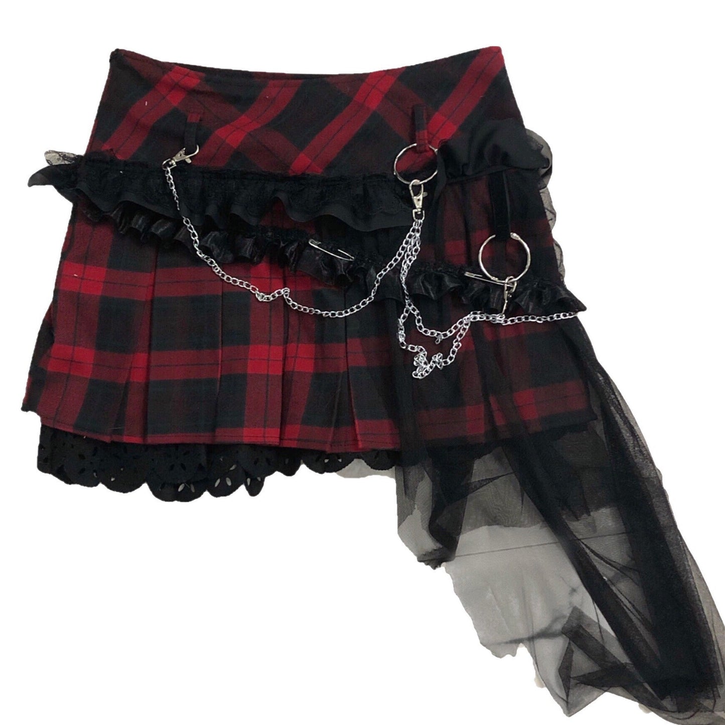 チェーンストラップレースシフォンハングダウンプリーツスカート - Belchic