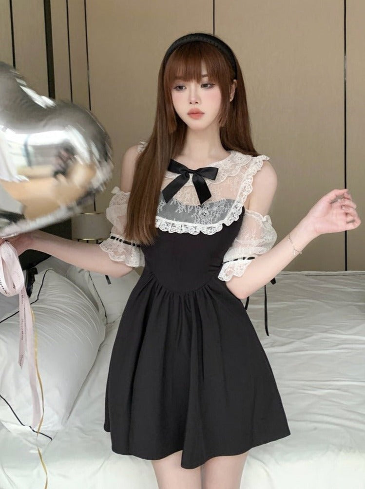 Off -shoulder theer ribbon different material docking dress