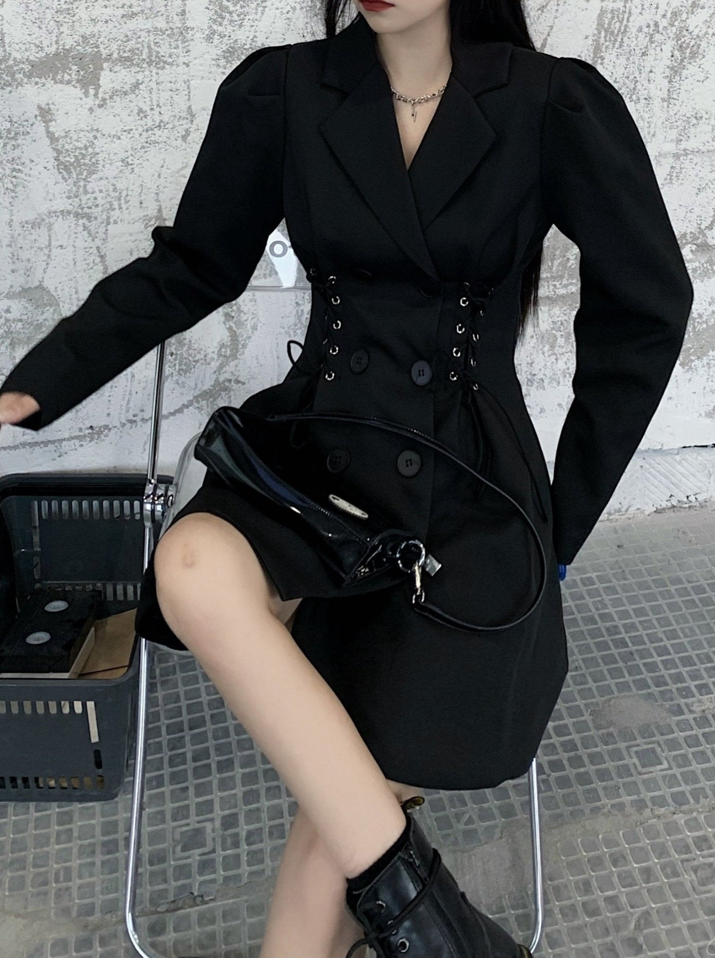 パフショルダーレースアップジャケットワンピース - Belchic