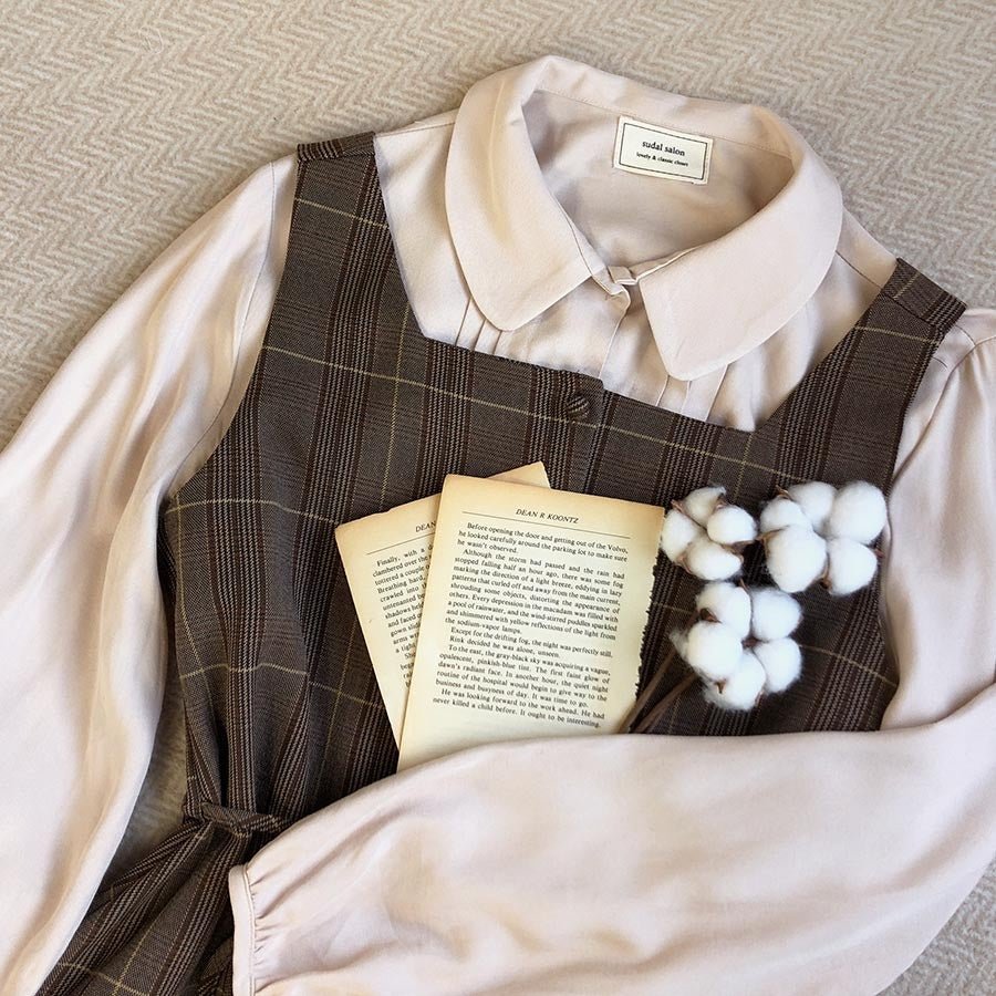 スクエアネックレトロチェックジャンパースカート - Belchic