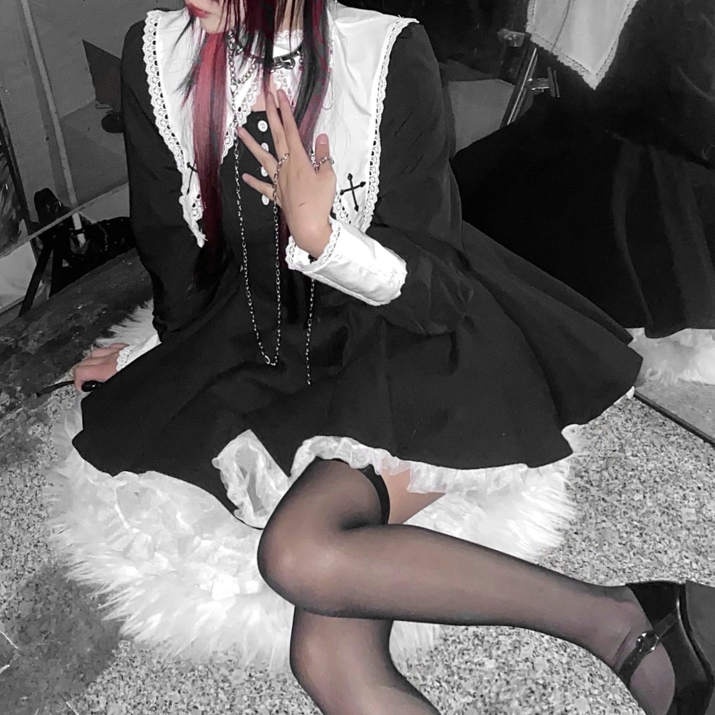 クロスカラーゴシック地雷ワンピース+レーススカート - Belchic