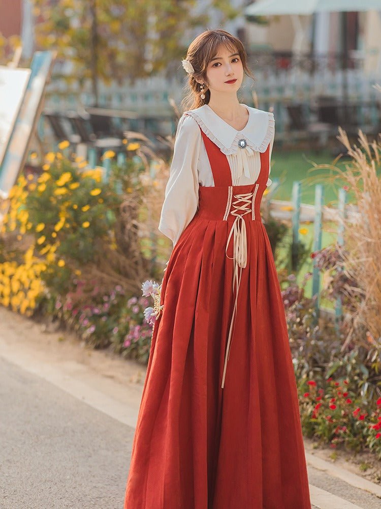 ジュエルリボンフリルタックブラウス+レースアップバックリボンサススカート - Belchic