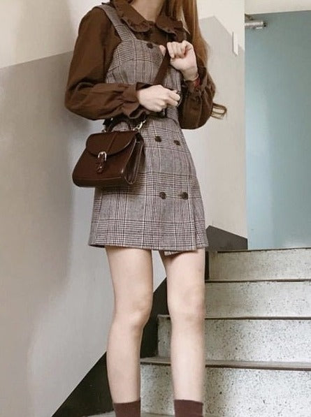 レトロフリルカラーシャツ+チェックジャンパースカート - Belchic