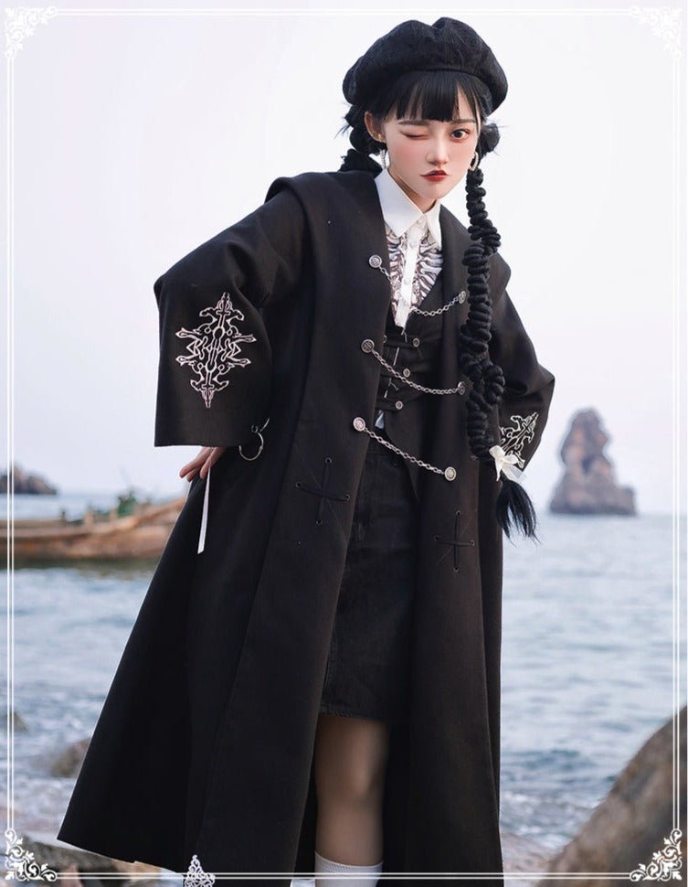 ベスト+チェーンストラップ付きクロスリングロングケープコート+コルセット - LilyBlack