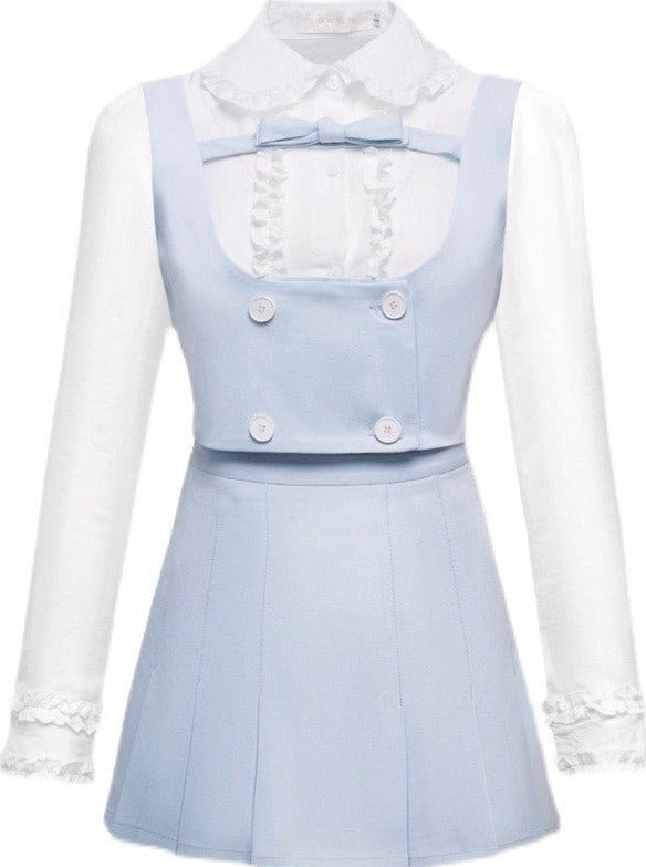 フリルブラウス+フロントリボンベスト+スカートセットアップ - LilyBlack