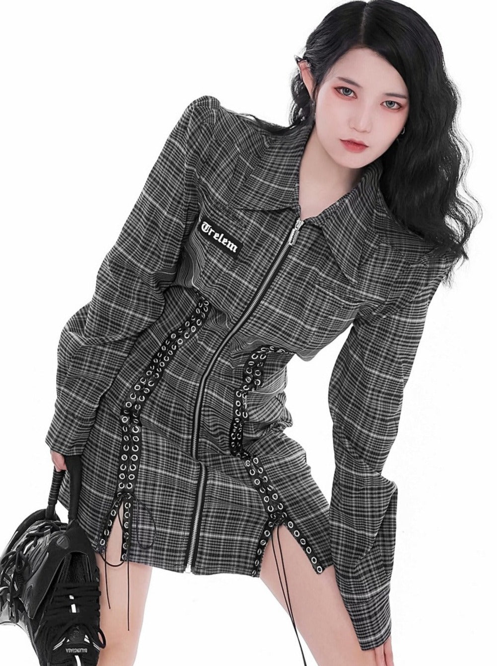 パワーショルダーレースアップスリットジップワンピース - Belchic